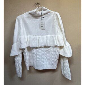 New Project Naadam White Mock neck Cable Knit Chunky Ruffle Sweater Women Large